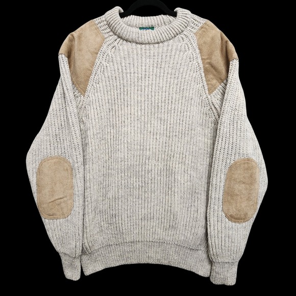 Cabelas Sweater Mens XL (Fits as Large) Pure New Wool Suede Patches‎ Military UK - Picture 1 of 9